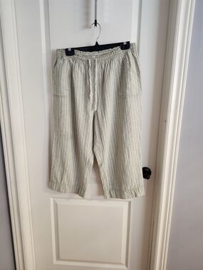 Light Green Striped Drawstring Linen Blend Pants